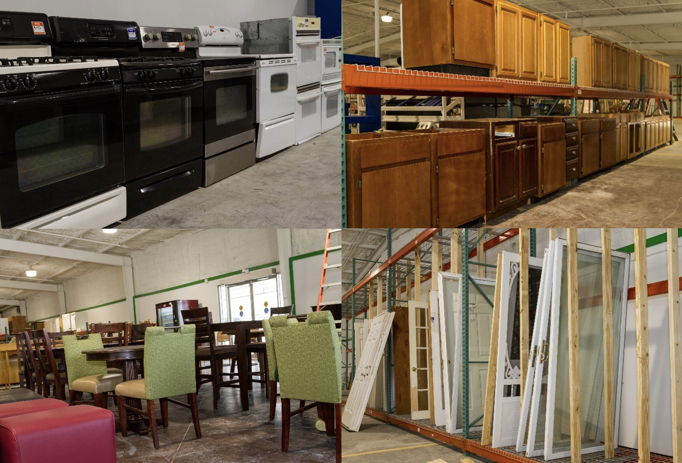 restore collage of restore photos including stoves, cabinets, chairs and tables, and doors